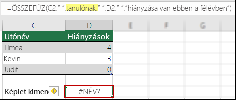 A szövegértékekben hiányzó dupla idézőjel által okozott #NÉV? hiba