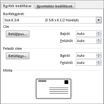 A boríték méretének és a címhez használt betűtípusnak a megadására szolgáló Boríték beállításai lap