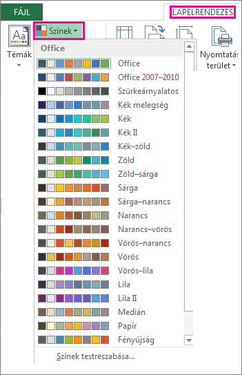 A Lapelrendezés lap Színek gombjával megnyitott, a témákhoz tartozó színgyűjtemény