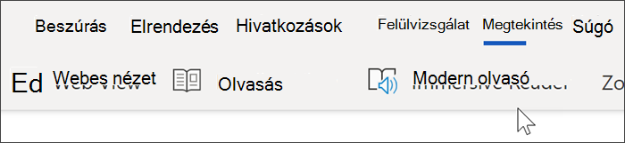 A Word Online felső navigációs sávjának képernyőképe, a nézet ki van jelölve, és a kurzor a modern olvasó fölé mutat