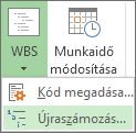 A Projekt lap képe a WBS menügomb legördülő menüjében megnyitott Újraszámozás paranccsal.