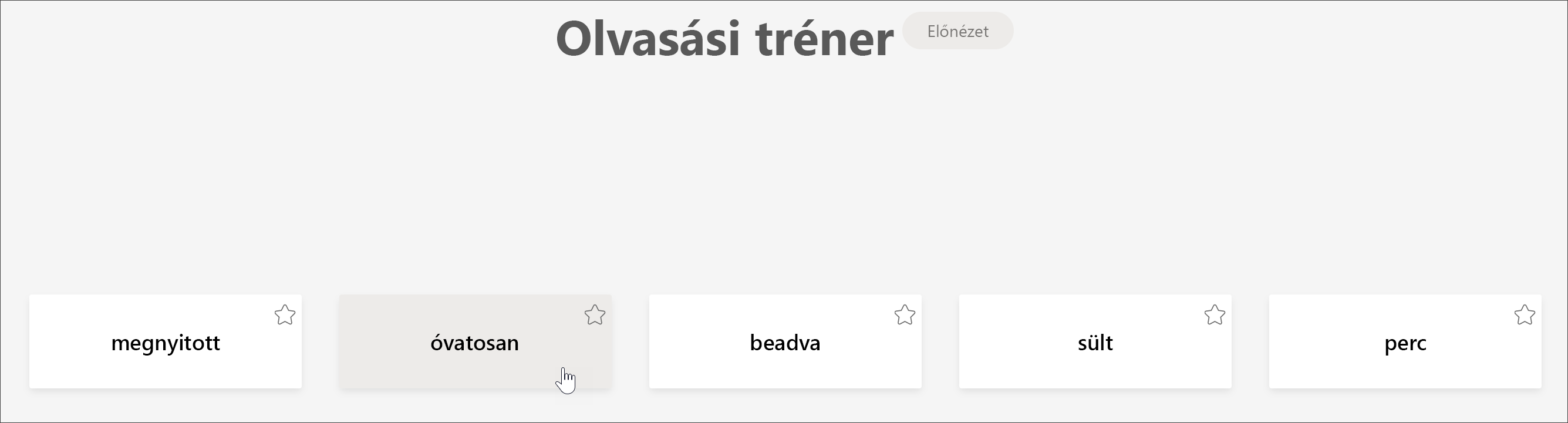 az Olvasási tréner tanulói nézetének képernyőképe, amelyen az az 5 szó látható, amelyek a legnagyobb kihívást jelentették a tanulónak, és a kurzor a „carefully” szó fölött van