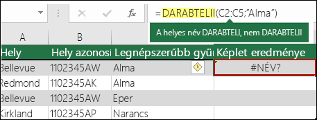 A szintaxisban lévő elírás által okozott #NÉV? hiba
