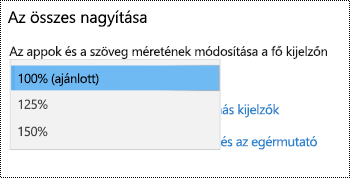 A Windows Megjelenítési beállítások lapja a Könnyű kezelés beállításai alatt, ahol a Minden nagyobb lehetőség lehetőség látható a legördülő menü kibontásával.