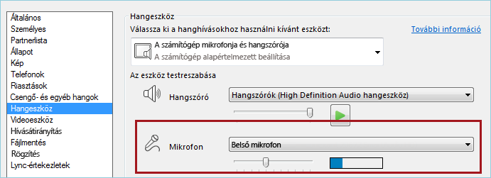 A Lync mikrofonbeállításai