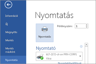 A Nyomtatás lap a Backstage nézetben