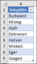 Az adatérvényesítési lista forrásaként használt Excel-táblázat