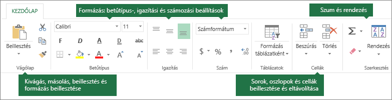 Kezdőlap lap a Kivágás, a Másolás, a Beillesztés és a Formátummásoló gombbal; formázási beállítások (például Betűtípus, Igazítás és Szám); sorok/oszlopok beszúrása; Szum és Rendezés