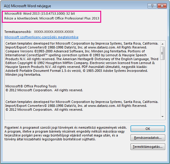 A Word 2013 névjegye ablak