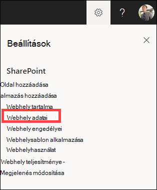 A Beállítások panel megnyílik, és a webhely adatai ki van emelve.