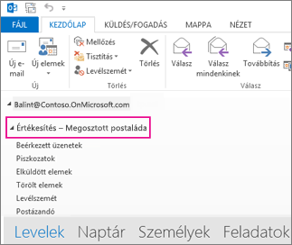 Az Outlook mappalistájában megjelenő megosztott postaláda