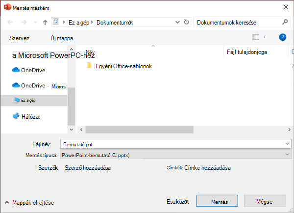 Az örökölt Mentés másként funkció a PowerPointban