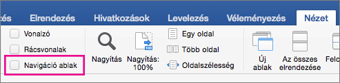 A Nézet lapon a Navigációs ablak be van jelölve