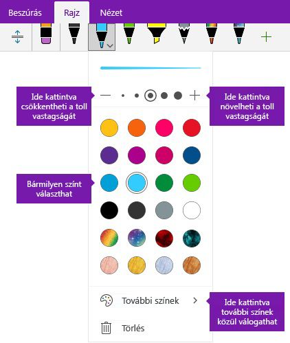 Szabadkézi körvonal vastagságát és színét beállításai a Windows 10 OneNote-ban