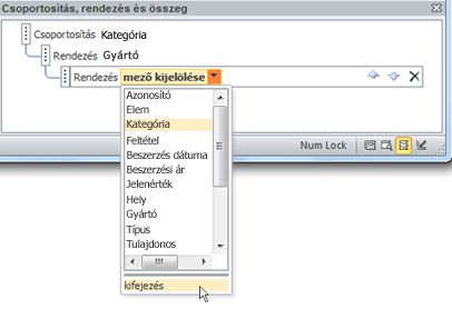Kifejezés megadása a Csoportosítás, rendezés és összeg ablakban