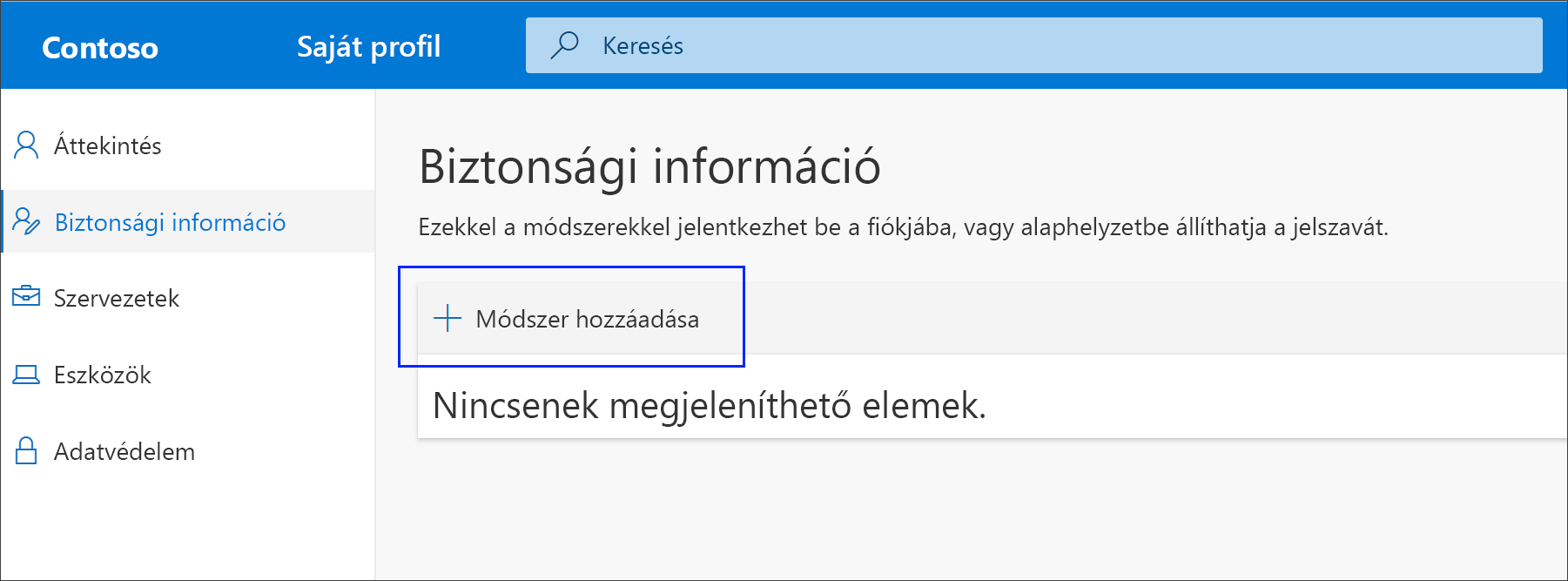 Biztonsági adatok lap kiemelt Metódus hozzáadása lehetőséggel