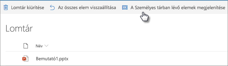 A OneDrive Lomtára „A Személyes tárban lévő elemek megjelenítése” lehetőséggel