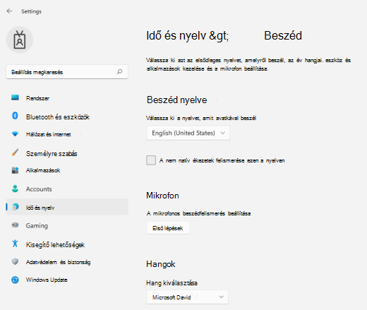 A Beszédbeállítások menü a Windows 11-ben