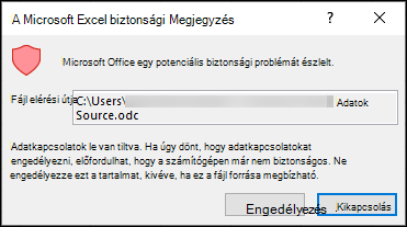 Microsoft Excel biztonsági megjegyzés – Azt jelzi, hogy az Excel potenciális biztonsági problémát észlelt. Válassza az Engedélyezés lehetőséget, ha megbízik a forrásfájl helyében, tiltsa le, ha nem.