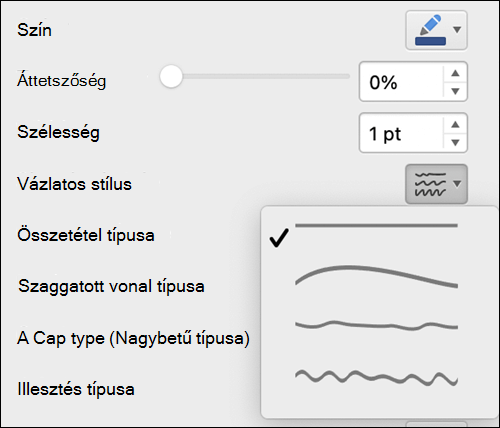 Vonalformátum-beállítások Macen, ha a Vázlatos stílus van kiválasztva