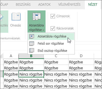 Nézet lap, Panelek rögzítése menü, Ablaktábla rögzítése parancs