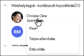 Váltás a tagok SharePoint-webhelyengedélyeinek között.