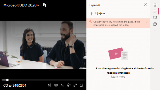 Meg van nyitva egy videó fejezetpanelje. A hibaüzenet szerint nem lehet fejezetet hozzáadni.