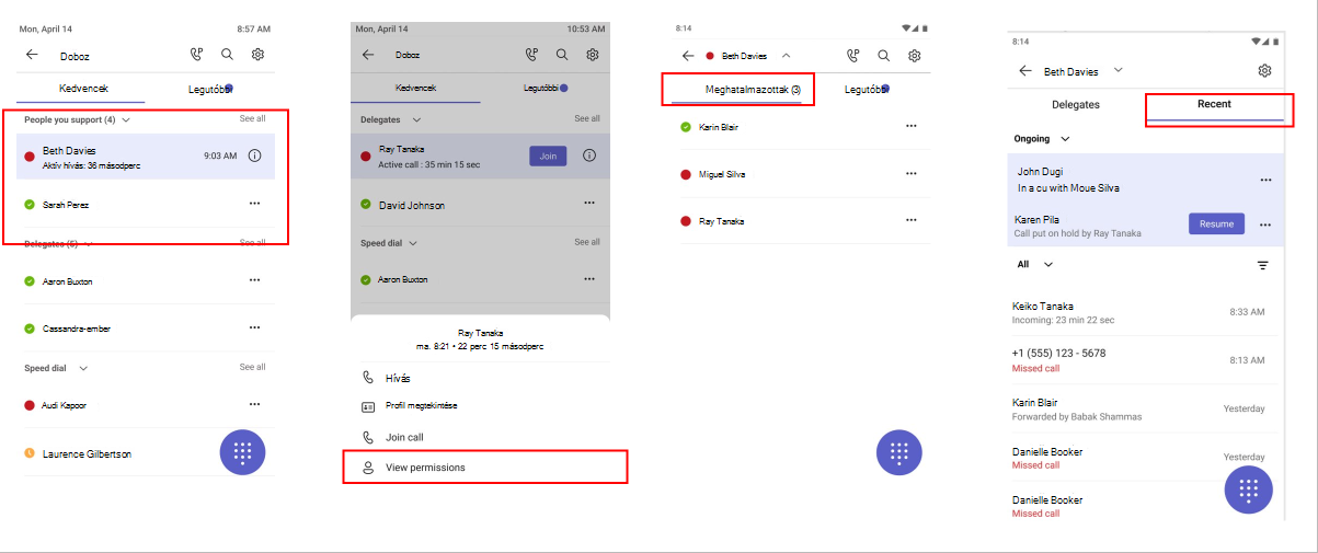 Four screenshots show the steps of how to join a call your delegate answered or view what permissions a delegate has. From call history, select an active call to join. Or select the delegate's name, then select View permissions.