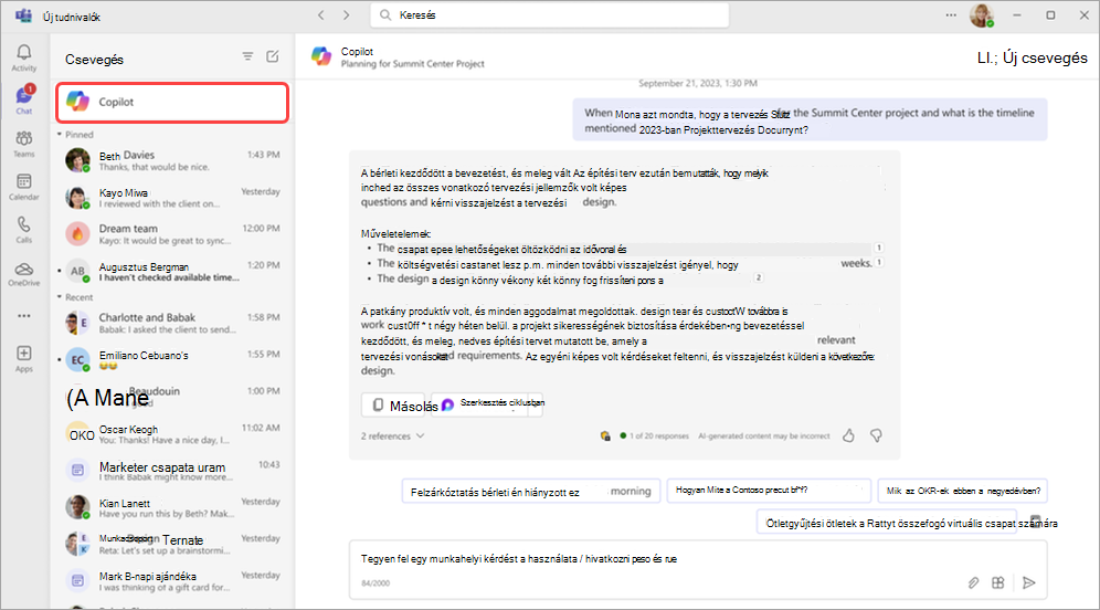 Képernyőkép a Fenti Csevegés a Copilot alkalmazásról a Microsoft Teamsben