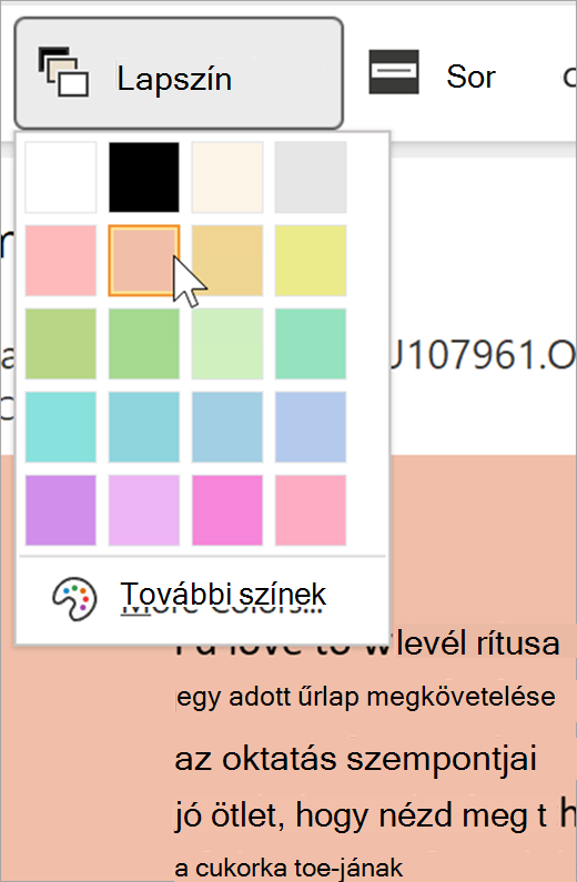 a modern olvasó oldalszín legördülő menüjének képernyőképe. Megjelenik egy színpaletta, a legördülő lista mögött látható háttér pedig pasztell narancssárga