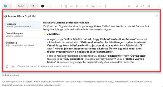 A Copilot hangnemre, érthetőségre és olvasói hangulatra vonatkozó javaslatai az Outlook mobilverziójában