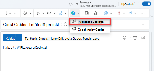„Piszkozat készítése a Copilottal” legördülő menüpont az Új Outlookban