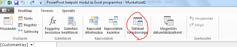 A PowerPivot ablakának menüszalagja a Táblázat tulajdonságai paranccsal