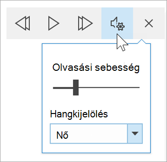 a Modern olvasó hangbeállítási eszköztárjának képernyőképe. Az egérmutató a beállítások fölött van, ami egy váltógombot jelenít meg az olvasási sebességhez, és egy legördülő menüt a hangválasztáshoz