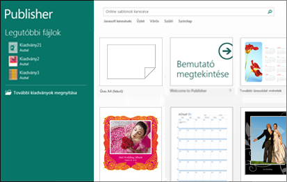 Képernyőkép a Publisher kezdőképernyőjén lévő sablonokról.