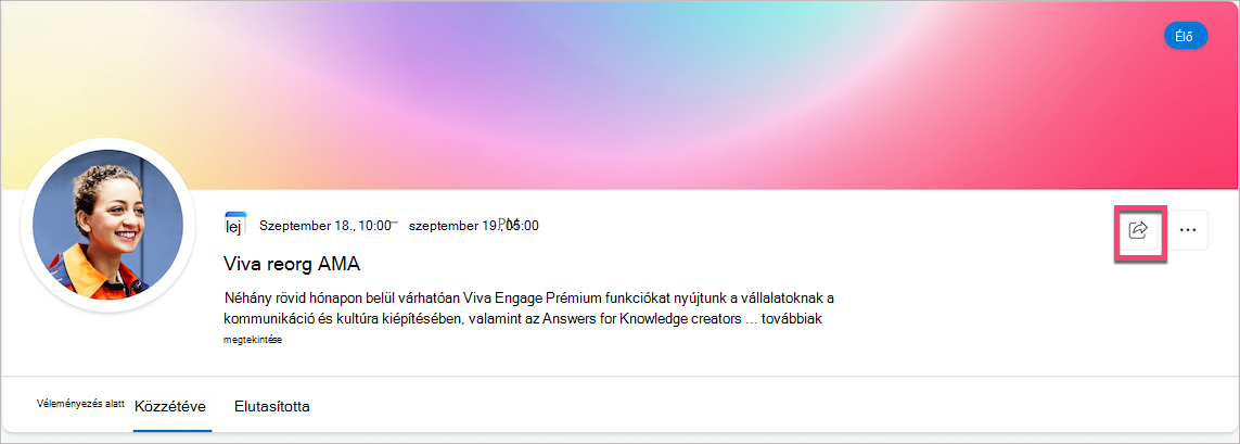 Képernyőkép az AMA eseményoldal megosztás ikonjáról.