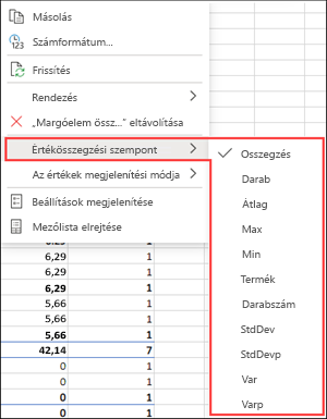 Összegzés alapja a webes Excelben