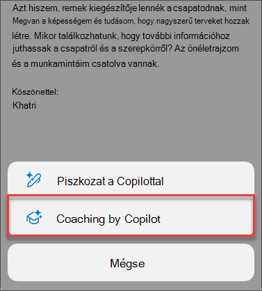 A Mentorálás a Copilottal menübeállítás az Outlook mobilverziójában