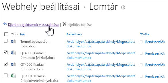 SharePoint 2013 – másodfokú lomtár kijelölt visszaállítás gombbal