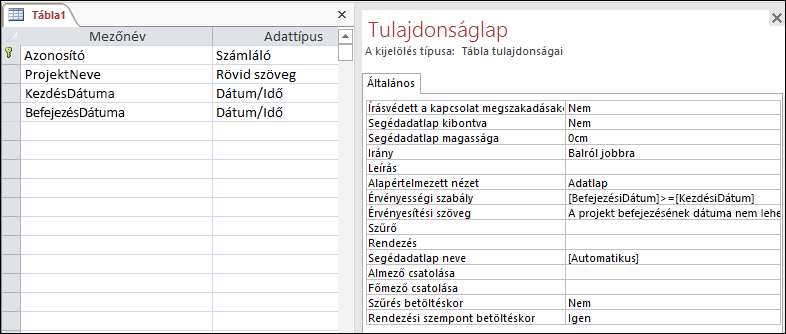 Táblaérvényesítési szabály az Access Táblatervezőjében