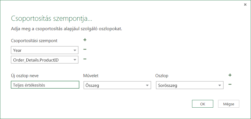 Csoportosítási szempont párbeszédpanel összesítő műveletekhez