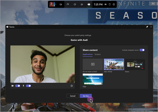 Teams játék widget Go live button to start a call.