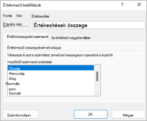 Részösszegek & Szűrők lap a Mezőbeállítások párbeszédpanelen