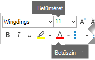 A lebegő Formátum eszköztár a Betűméret és a Betűszín beállításait tartalmazza.