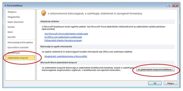 Az Adatvédelmi központ beállításai a Wordben