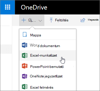 A OneDrive új menüje, az Excel-munkafüzet parancs