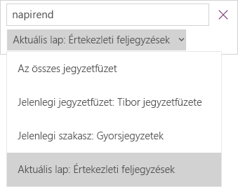 A Keresés legördülő lista a hatókör beállításaival; a jelenlegi lap aktív.