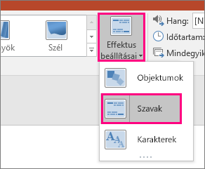 Az Alakváltás áttűnés Effektus beállításai menüjében kiválasztott Szavak elem.