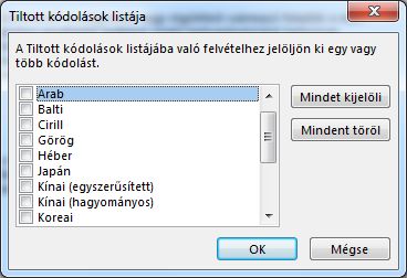 Tiltott kódolások listája párbeszédpanel