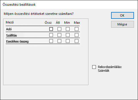Adja meg az Összesítési beállítások párbeszédpanelen, hogy hogyan legyenek kiszámítva az összegző értékek